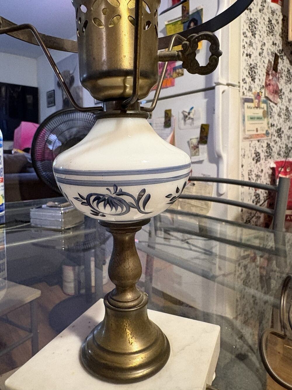 Vintage Marble Brass Hurricane Table Lamp Blue White Floral Porcelain Key Switch